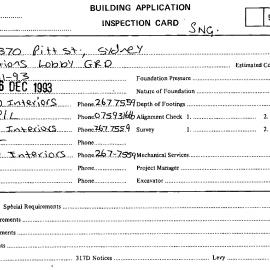 Building Inspectors Card: 362 - 370 Pitt Street, Sydney - Partitions lobby ground, 1993