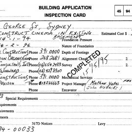 Building Inspectors Card - Construct cinema in existing basement, 525 George Street Sydney, 1994