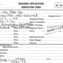 Building Inspectors Card: 184 - 190 Pitt Street, Sydney - Shopfront P82 refurbishment, 1994