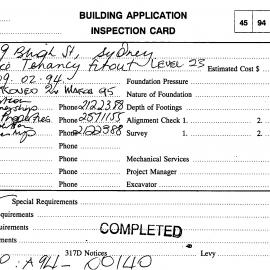Building Inspectors Card: 25 - 29 Bligh Street, Sydney - Office tenancy Fit out level 23, 1994