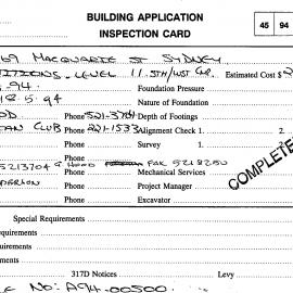 Building Inspectors Card: 165 - 169 Macquarie Street, Sydney - Partitions - level 11. south/west 
