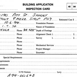 Building Inspectors Card: 184 - 190 Pitt Street, Sydney - Fit out and mezzanine Shop P09, 1994
