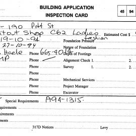 Building Inspectors Card: 184 - 190 Pitt Street, Sydney - Fit out shop C62 ladies fashion, 1994