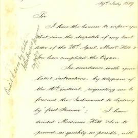 Letter - Completion and shipping of Grand Organ from London to Sydney Town Hall, 1889