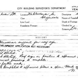 Building Inspectors Card: 236 Cleveland St Chippendale. Structural support for roof sign. 1 card.
