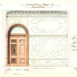 Interior view of Room I.E. Ground Floor. Shows details of door, cornice and walls.