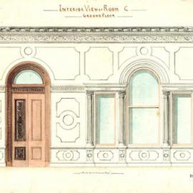 Interior view of Room C. Ground Floor. Shows details of door, window, wall and cornice.