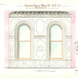 Interior view of Room E.F.I.J. Ground Floor. Shows details of windows, wall and cornice.