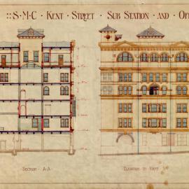 Plan - Section and elevation Kent Street substation and offices, Kent Street Sydney, 1910