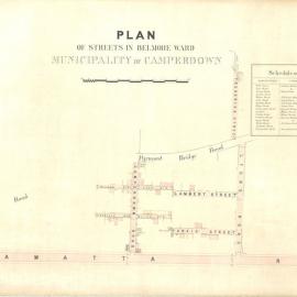 Plans, Borough of Camperdown: Belmore Ward. Undated handcoloured plan - streets, buildings, 