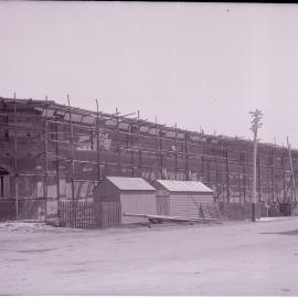 Glass Negative - Work site office in front of City Municipal Fruit Market Building Number 3 in Haymarket, 1911