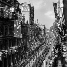 Glass Negative - Street decorations and troops, George Street Sydney, 1920
