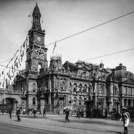 Glass Negative - Town Hall Decorations for British Fleet, George Street Sydney, 1924