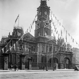 Glass Negative - Sydney Town Hall decorations for British Fleet, George Street Sydney, 1924