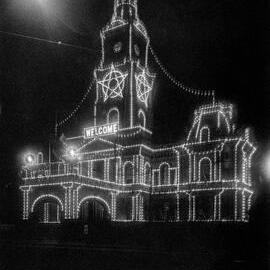 Glass Negative - Night view of Sydney Town Hall Illuminations, George Street Sydney, 1924