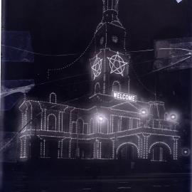 Glass Negative - Sydney Town Hall Illuminations with Welcome lights, George Street Sydney, 1924