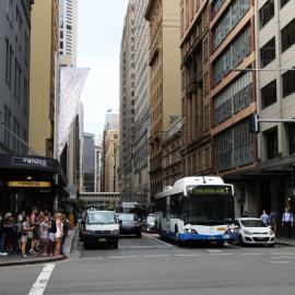 Traffic and pedestrians in Castlereagh Street at Park Street Sydney, 2016
