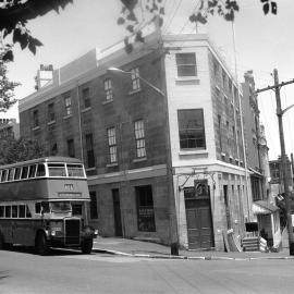 404 bus passing the Hero of Waterloo Hotel, Lower Fort Street Millers Point, 1980