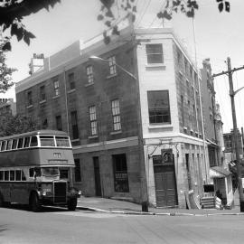 404 bus passing the Hero of Waterloo Hotel, Lower Fort Street Millers Point, 1980