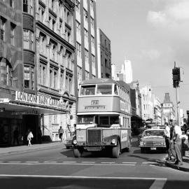 Bus in Castlereagh Street at Park Street Sydney, 1969