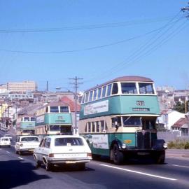 Buses in Cleveland Street near City Road Darlington, 1973