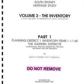 South Sydney heritage study/ [prepared] for South Sydney City Council [by Lester Tropman, Jillian L