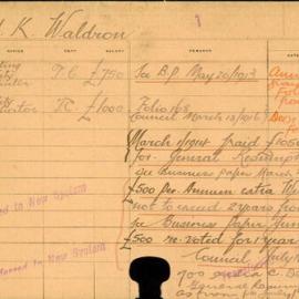 Staff Card - Waldron, TWK - employed 1913-1916