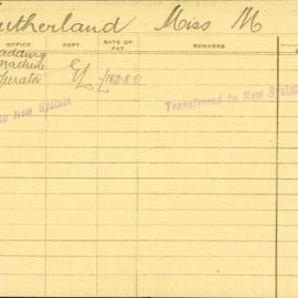 Staff Card - Sutherland, M (Miss) - employed 1922