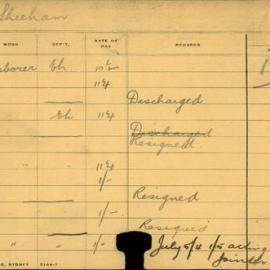 Staff Card - Sheehan, D - employed 1909-1912