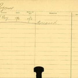 Staff Card - Ryan, T - employed 1914-1915