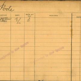 Staff Card - Poole, [first name unknown] - employed 1921