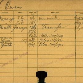 Staff Card - Owen, J - employed 1918-1921