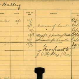 Staff Card - O'Malley, J - employed 1909-1916