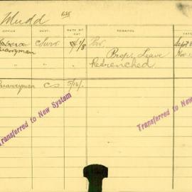 Staff Card - Mudd, R - employed 1915-1921