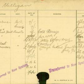 Staff Card - Milligan, W - employed 1913-1920