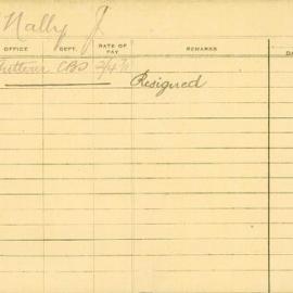 Staff Card - McNally, J - employed 1920