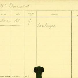 Staff Card - McDonald, J - employed 1911-1912