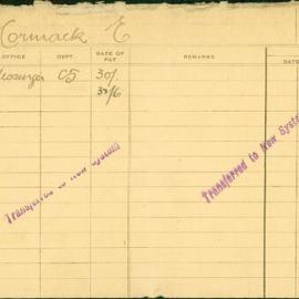 Staff Card - McCormack, E - employed 1921