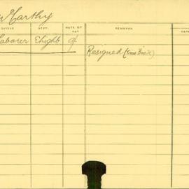 Staff Card - McCarthy, W - employed 1915