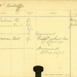 Staff Card - McAuliffe, J - employed 1912-1914