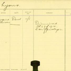 Staff Card - Lyons, W - employed 1911-1912