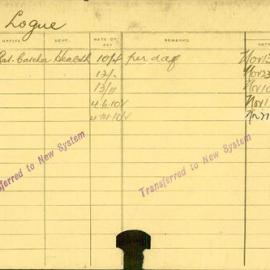 Staff Card - Logue, J - employed 1916-1920