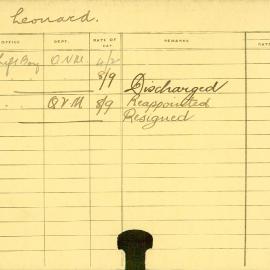 Staff Card - Leonard, T - employed 1916-1917