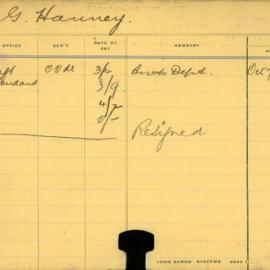 Staff card - Hanney, SG - employed 1912-1914