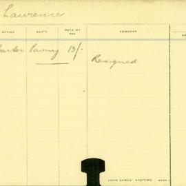 Staff Card - Lawrence, J - employed 1912