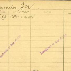 Staff Card - Lavender, JM - employed 1921