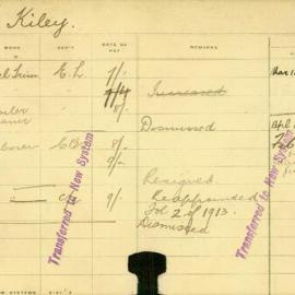 Staff Card - Kiley, I - employed 1908-1914