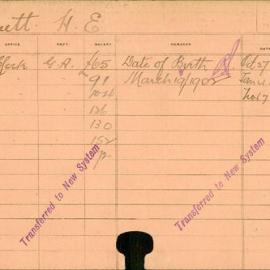 Staff Card - Kennett, HE - employed 1918-1921