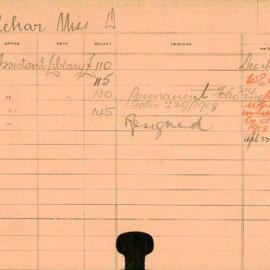 Staff Card - Kelchar, D (Miss) - employed 1916-1919