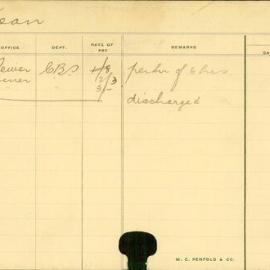 Staff Card - Kean, J - employed 1913
